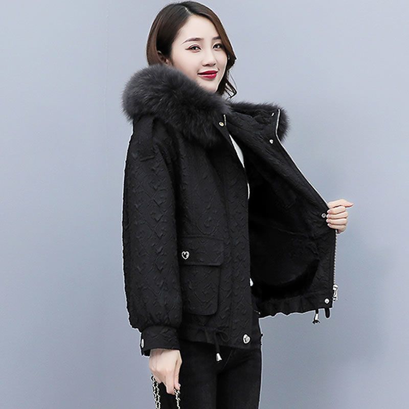 Large fur collar cotton coat women's short plus velvet thickened small cotton jacket slim fit versatile women's cotton coat embossed work jacket women