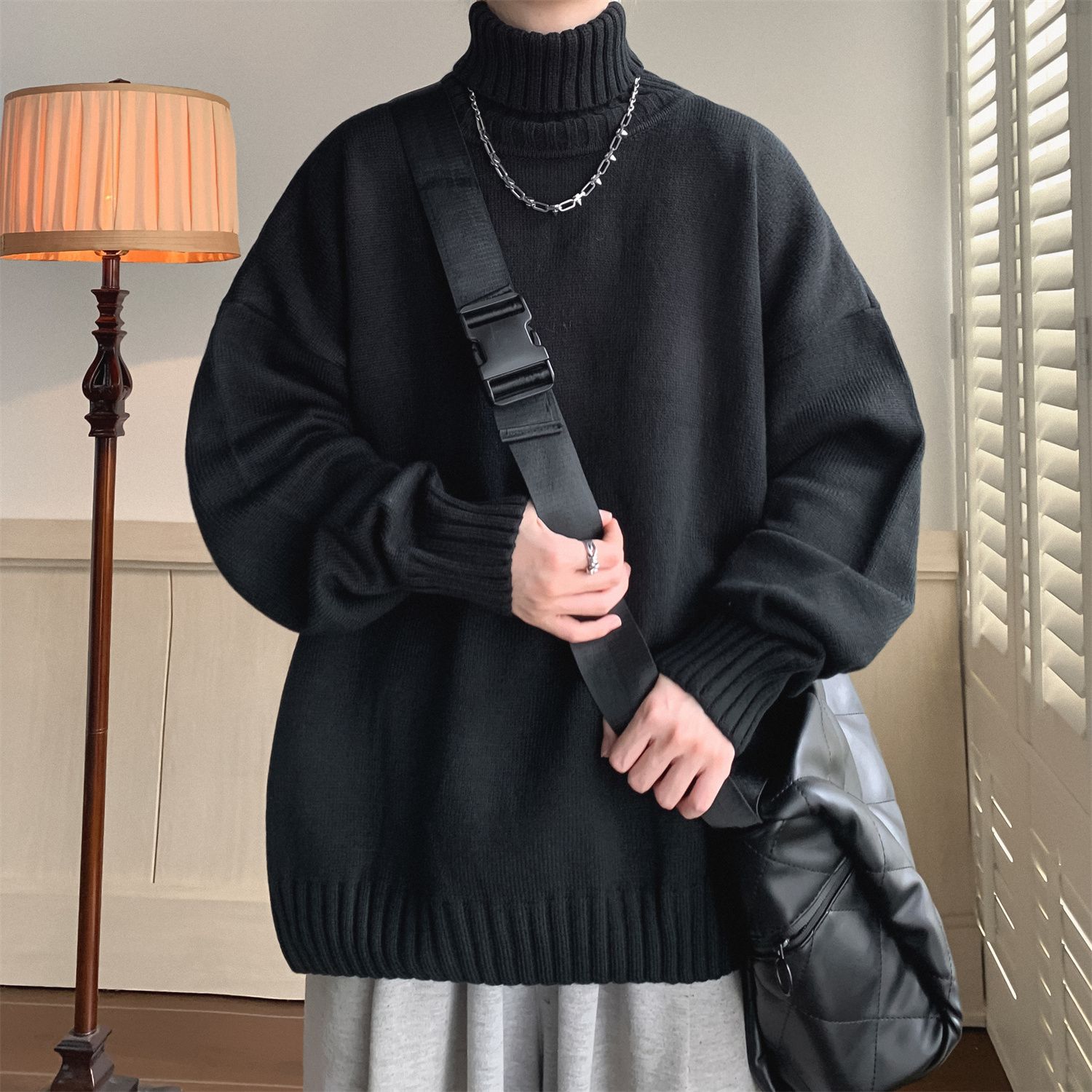 Einfarbiger Pullover mit Stehkragen für Männer und Frauen im Winter, Basic-Strickwaren für Paare, lockere und einfache lässige Schichtung_voghion.com