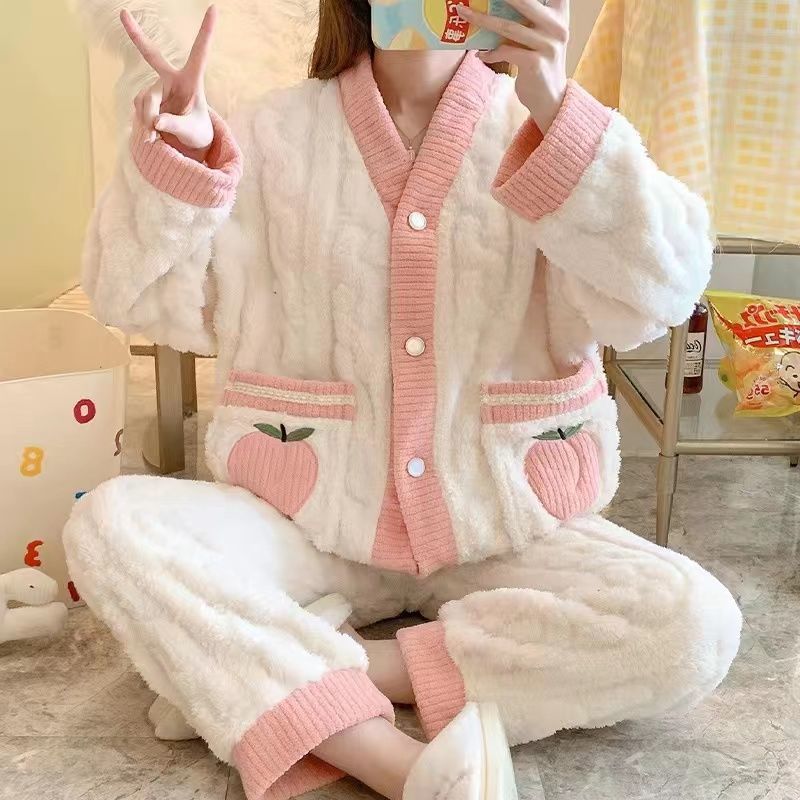 Sweet and lovely coral fleece pajamas winter women's thick flannel  new autumn and winter plus fleece home service