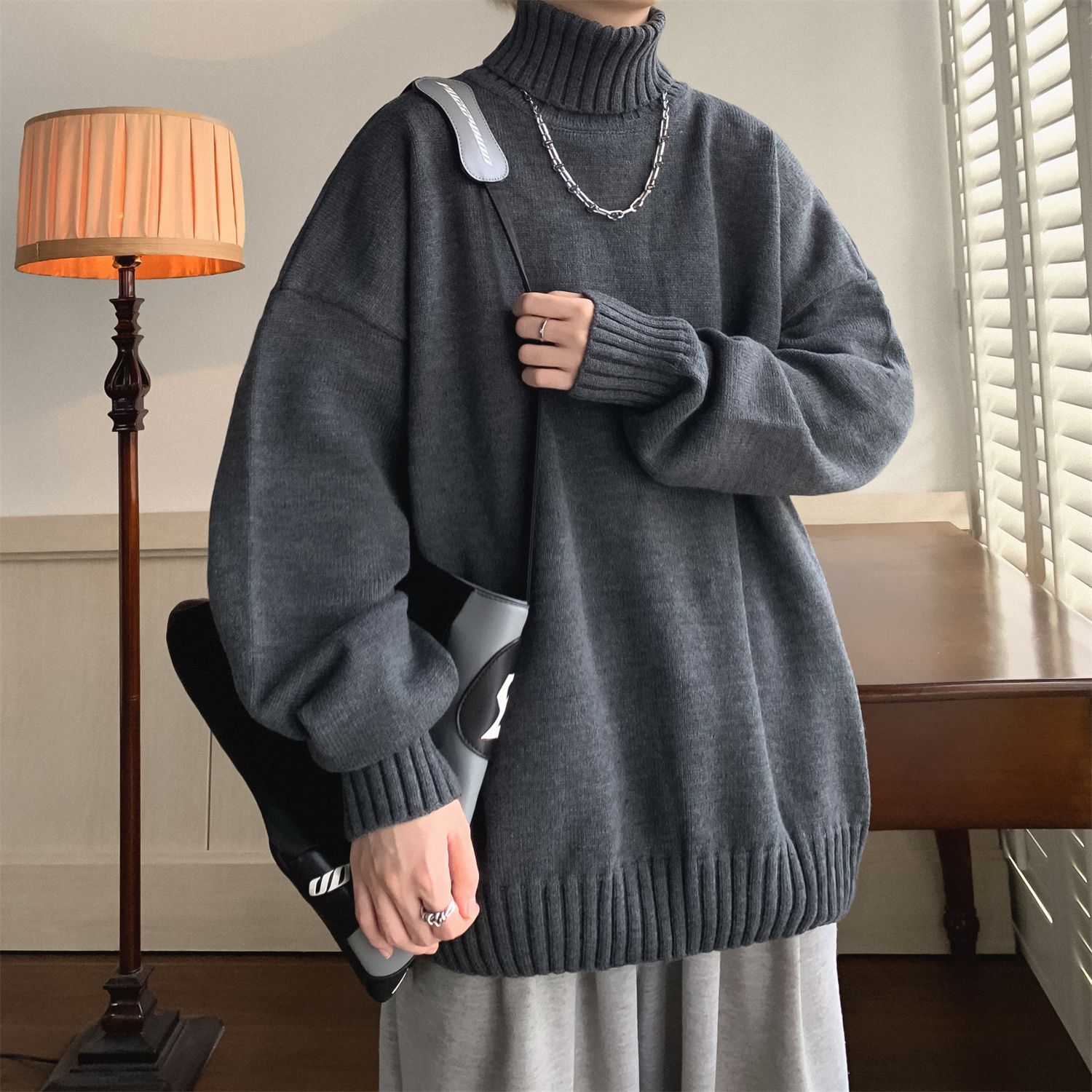 Einfarbiger Pullover mit Stehkragen für Männer und Frauen im Winter, Basic-Strickwaren für Paare, lockere und einfache lässige Schichtung_voghion.com