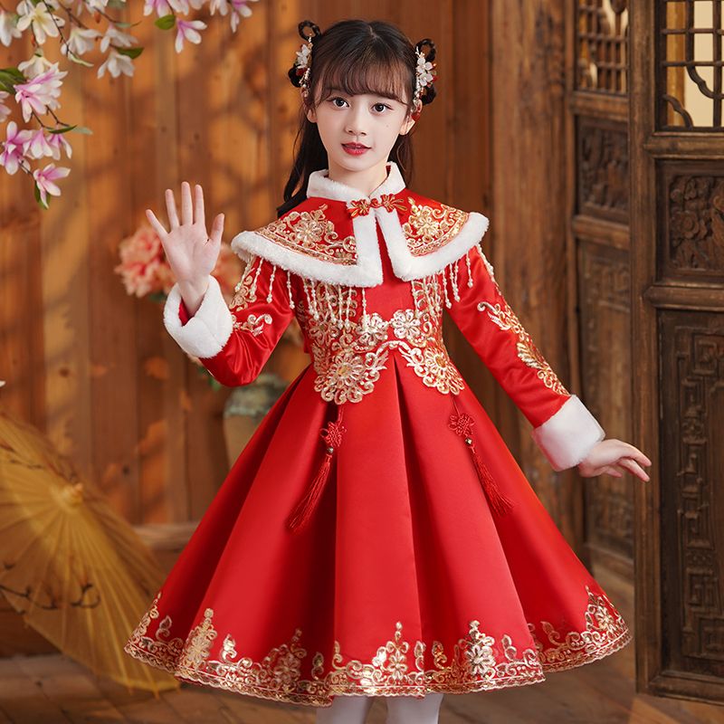 拜年服漢服女童冬季女寶喜慶新年旗袍兒童加絨紅色裙子過年服唐裝