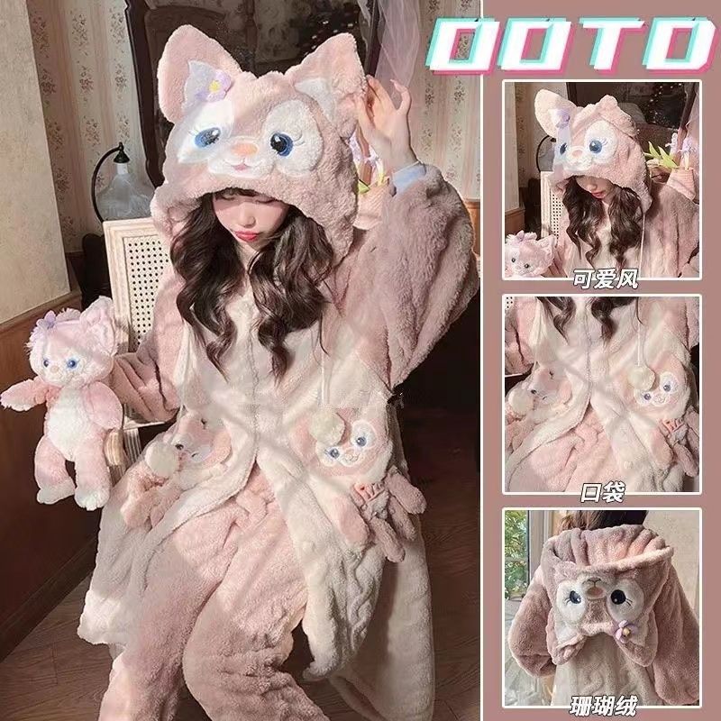 ins可愛玲娜貝兒睡衣女秋冬新款加絨加厚連帽睡袍外穿家居服套裝