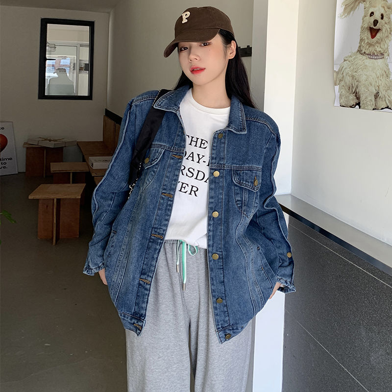 Design sense mid-length front shoulder denim jacket women 2023 autumn and winter large size high-quality retro loose jacket top