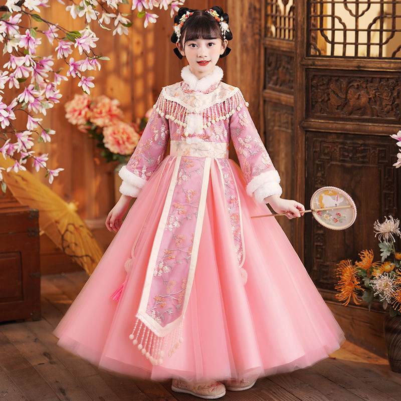 冬季漢服女童新款加絨古裝裙子兒童拜年服小女孩唐裝中國風連衣裙