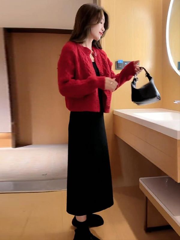  spring new solid color suit fashion long-sleeved button cardigan sweater and black skirt two-piece suit