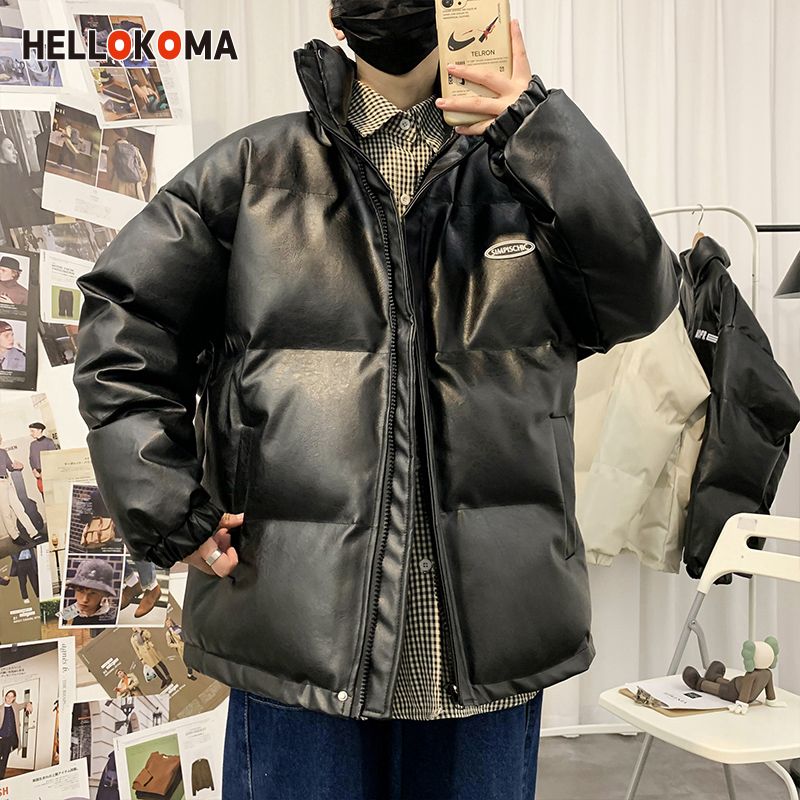亮面pu皮立領設計麵包服夾克女百搭冬季加厚保暖大碼寬鬆oversize