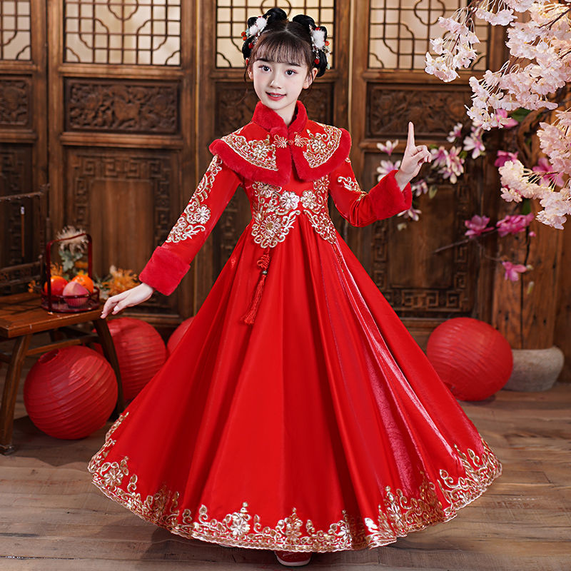 女童拜年服冬裝2022新款漢服唐裝漢服兒童女秋冬過年古裝連衣裙冬