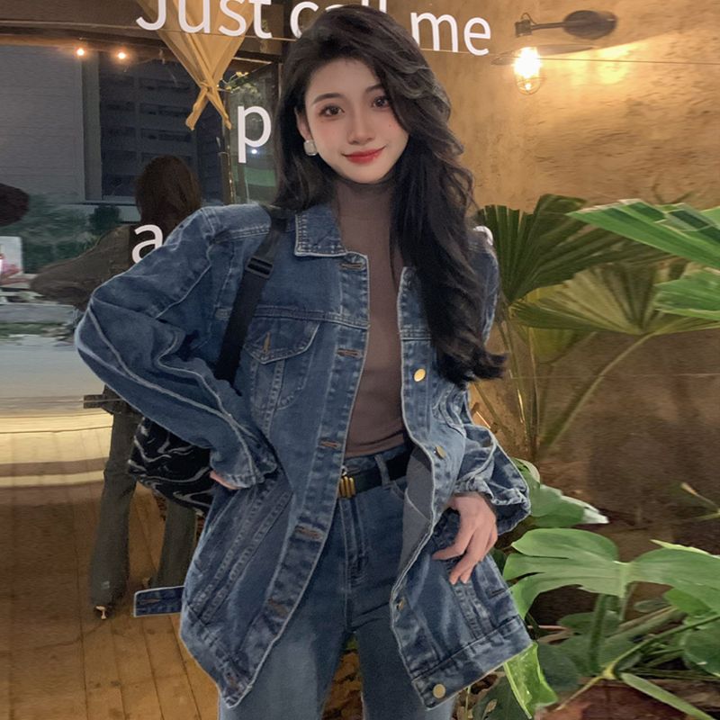 Design sense retro fried street mid-length front shoulder denim jacket women's autumn and winter new large size all-match jacket top clothes