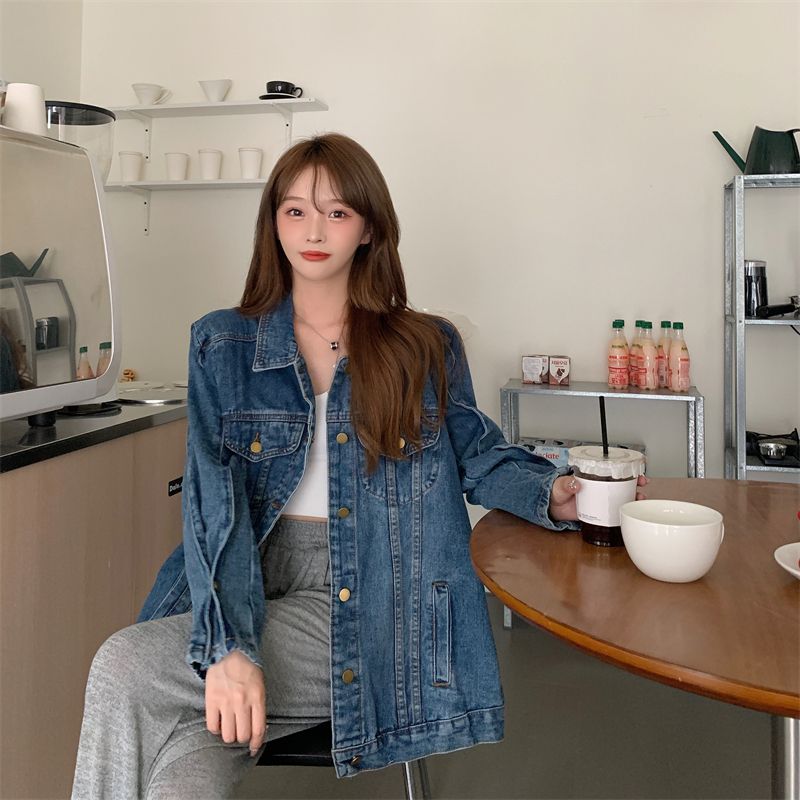 Design sense mid-length shoulder denim jacket women 2023 autumn and winter new retro top loose jacket ins tide