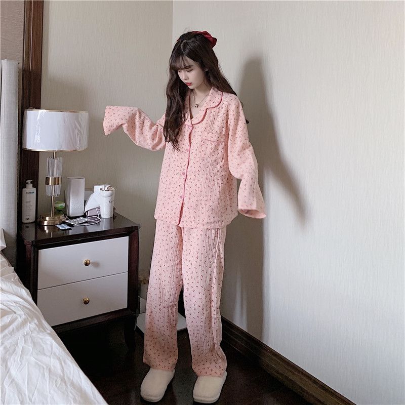 Ins style baby cotton pajamas female spring and autumn long-sleeved loose gauze small cherry sweet girl home service suit