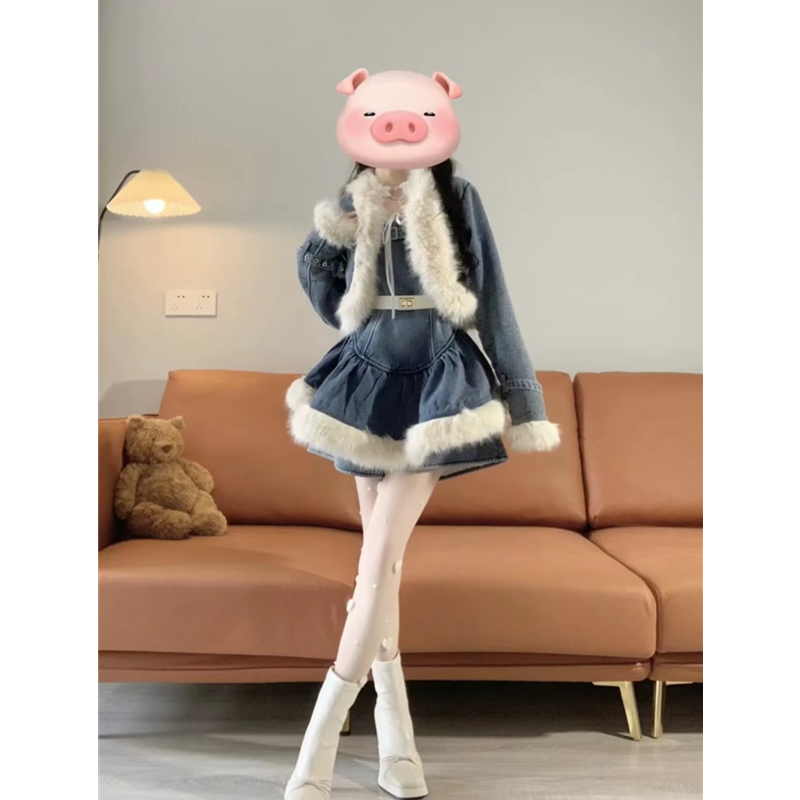 Herbst Winter High-End Koreanischen Stil Chic Gespleißt Denim Jacke + Camisole Rock Hosen Abnehmen Vielseitige Set_voghion.com