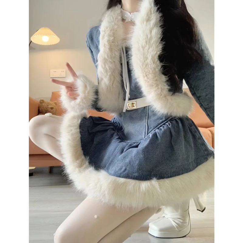 Herbst Winter High-End Koreanischen Stil Chic Gespleißt Denim Jacke + Camisole Rock Hosen Abnehmen Vielseitige Set_voghion.com