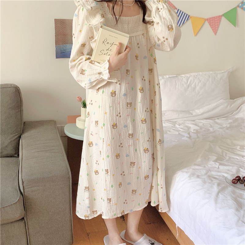 Ins style sweet nightdress baby girl cotton gauze over the knee long skirt spring and autumn long-sleeved pajamas women's home service