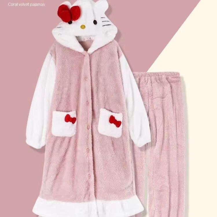 hellokitty睡袍冬季kt貓珊瑚絨睡衣女可愛少女心加絨加厚家居服