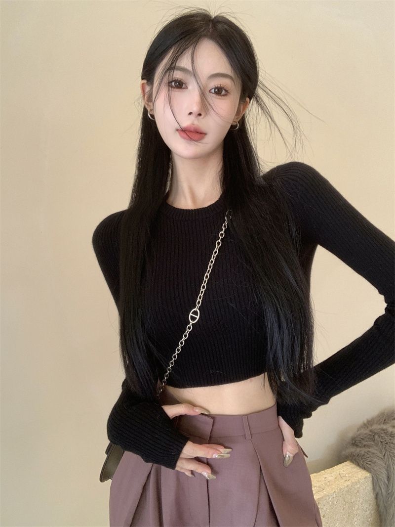 辣妹修身短款針織衫秋冬2022新款顯瘦圓領套頭長袖內搭毛衣女裝潮