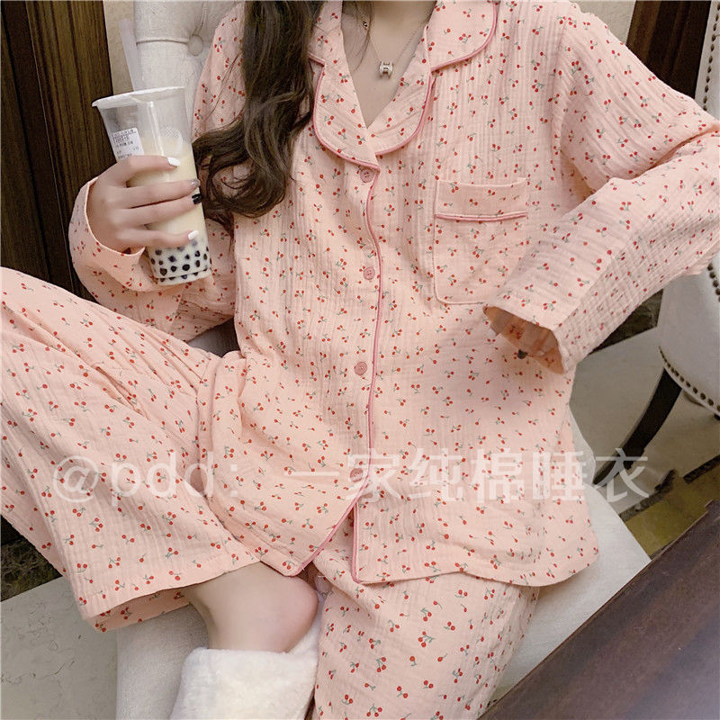 Ins style baby cotton pajamas female spring and autumn long-sleeved loose gauze small cherry sweet girl home service suit