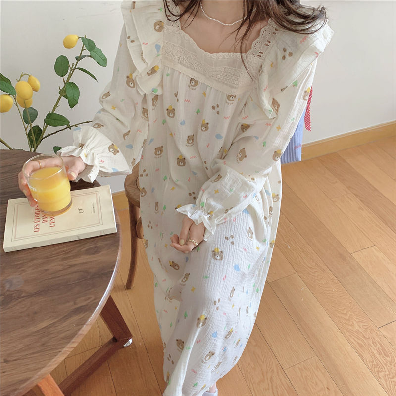 Ins style sweet nightdress baby girl cotton gauze over the knee long skirt spring and autumn long-sleeved pajamas women's home service