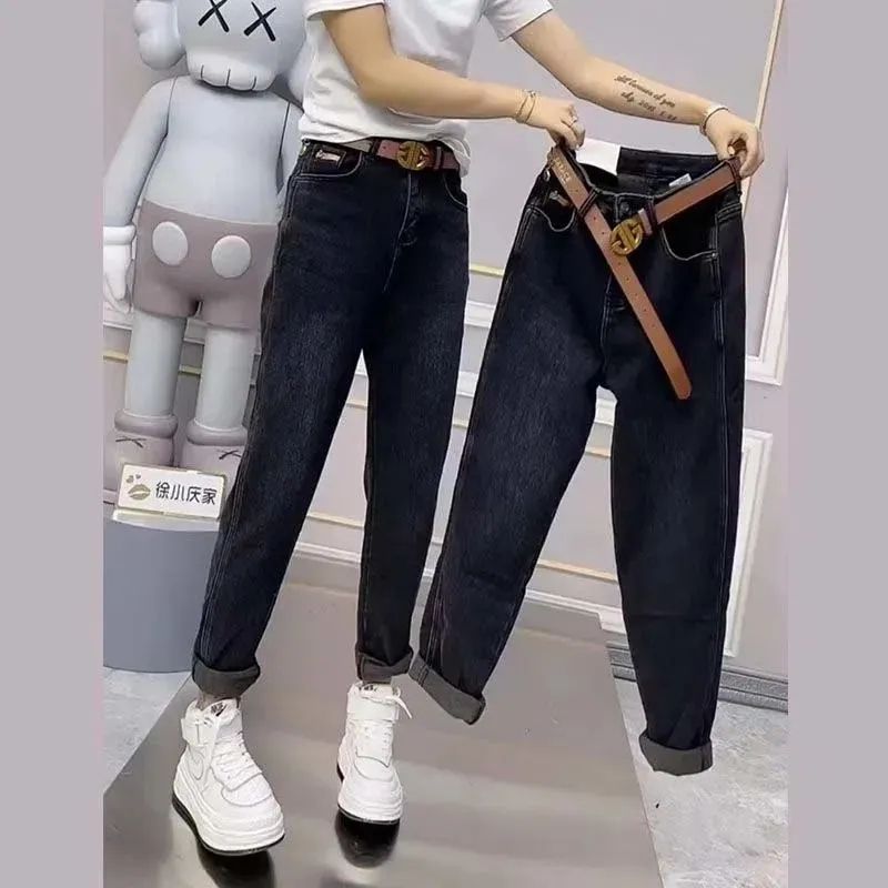春秋新款牛仔老爹褲女2022年彈力高腰顯瘦直筒寬鬆哈倫蘿蔔九分褲