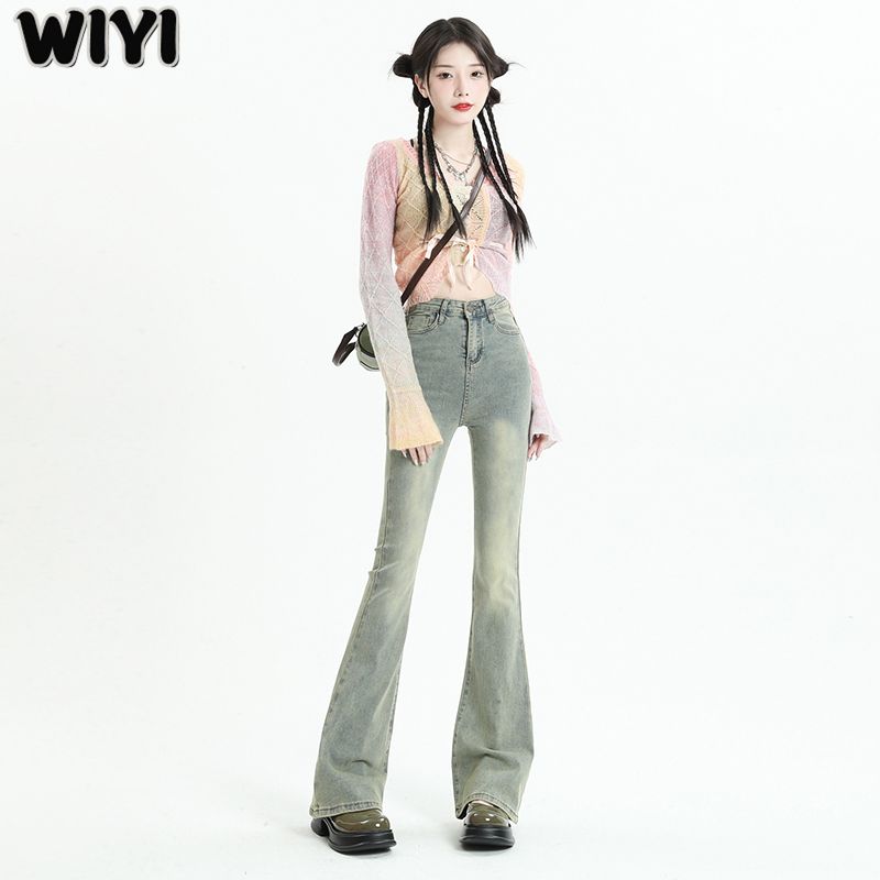 WIYI 復古做舊黃泥色微喇牛仔褲女秋冬新款小個子顯瘦拖地喇叭褲