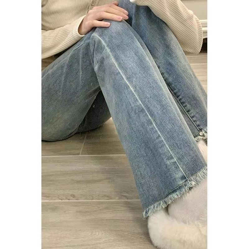 高腰復古毛邊微喇叭牛仔褲女春秋季大碼胖mm美式顯瘦爆款馬蹄褲子