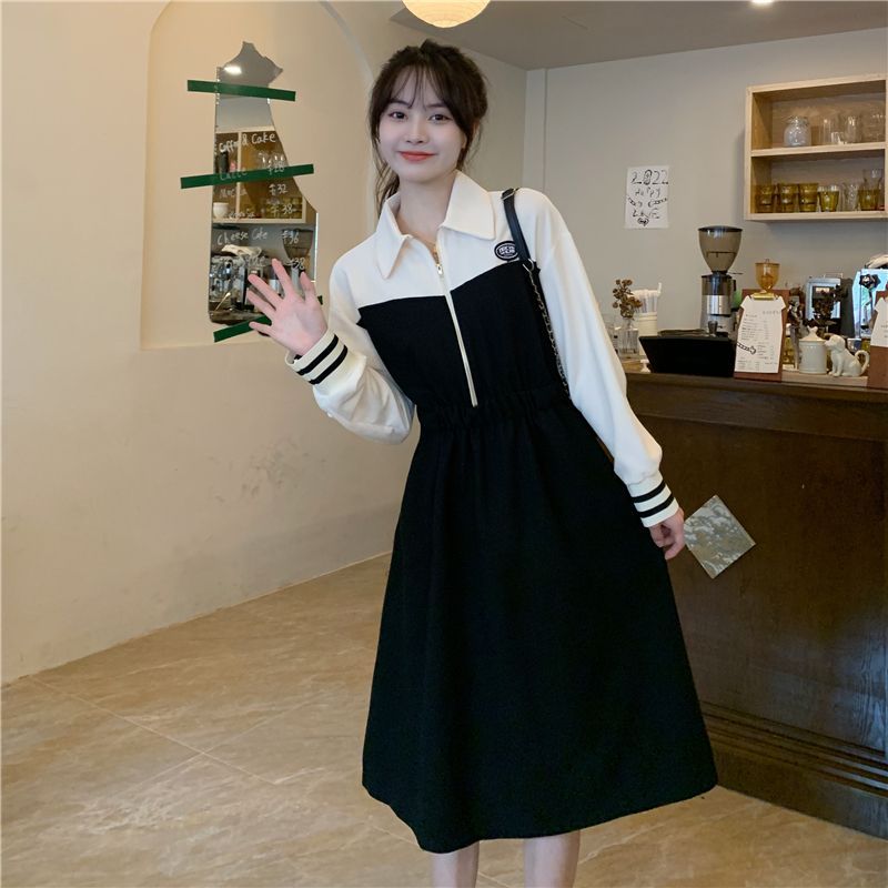 Splicing contrast color sweater dress spring and autumn long fat MM extra large size 300 catties waist-covering belly POLO collar dress