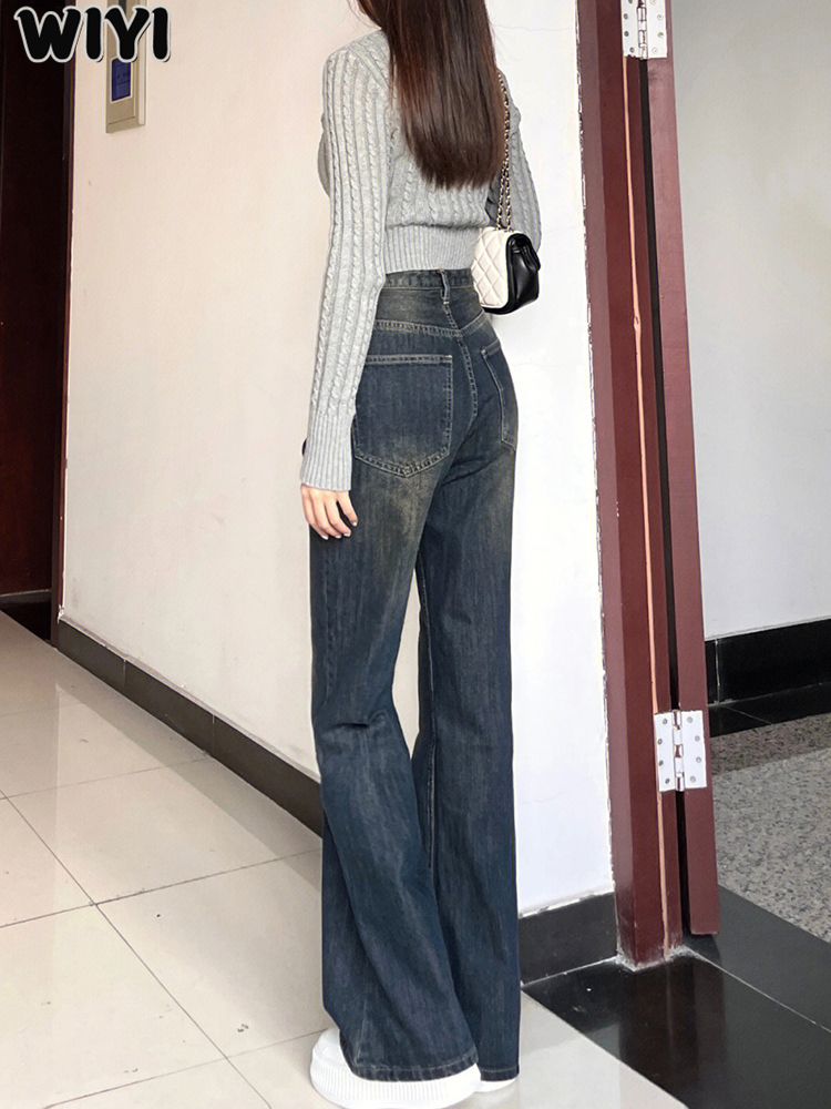 WIYI復古做舊高腰微喇牛仔褲女秋冬新款闊腿小個子加長拖地喇叭褲