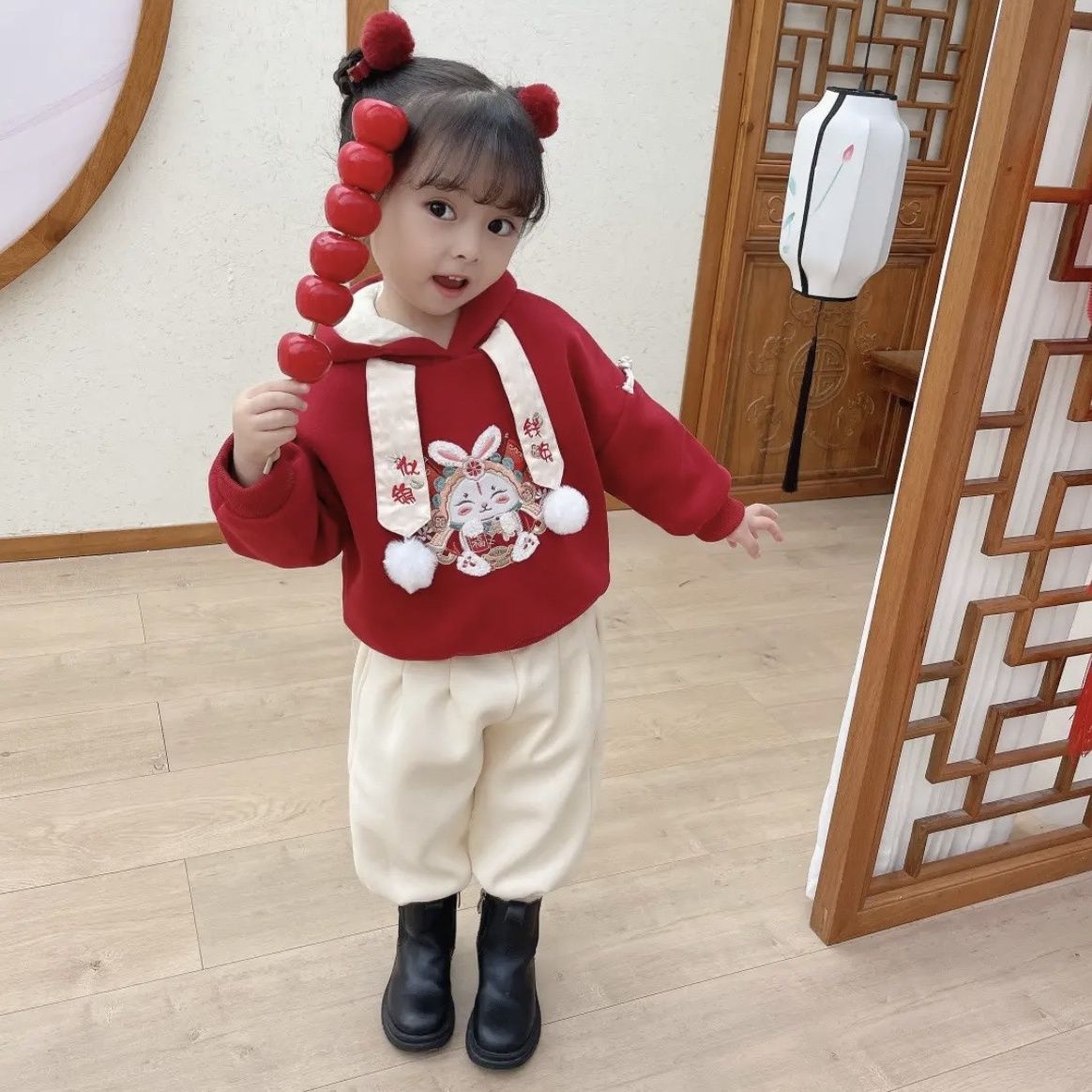 Children's  New Year's greetings girl's Hanfu winter style plus velvet thickened New Year's clothing girl baby little girl Tang suit winter