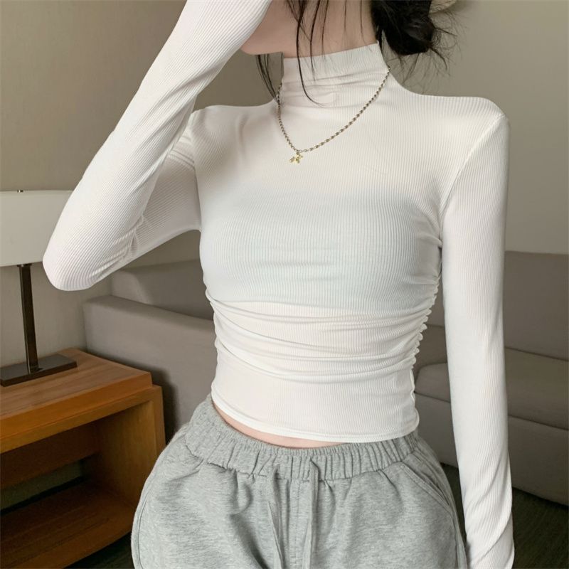 Casual gray long-sleeved T-shirt women's autumn and winter  new slim-fit pleated hot girl half-high collar bottoming top