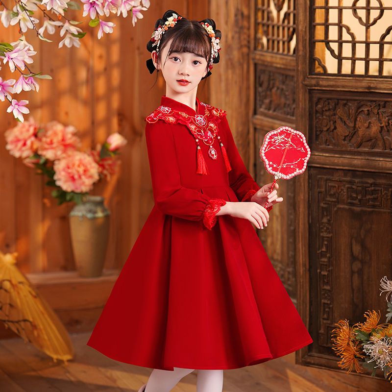 拜年服女童唐装中国风汉服冬装过年儿童旗袍新年装儿童公主连衣裙
