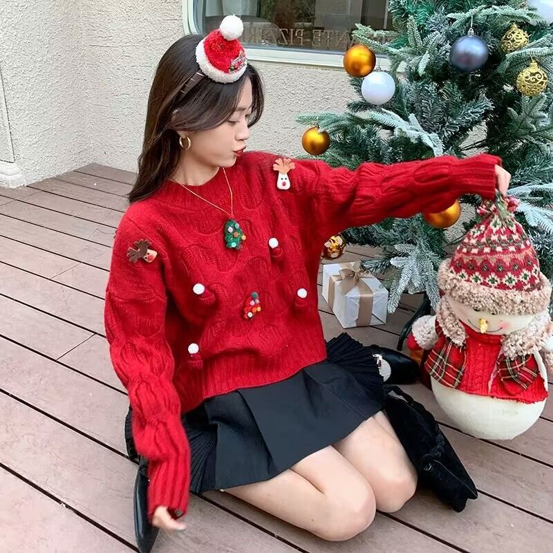 減齡可愛聖誕紅上衣女2022秋冬新款寬鬆百搭慵懶風套頭針織衫毛衣