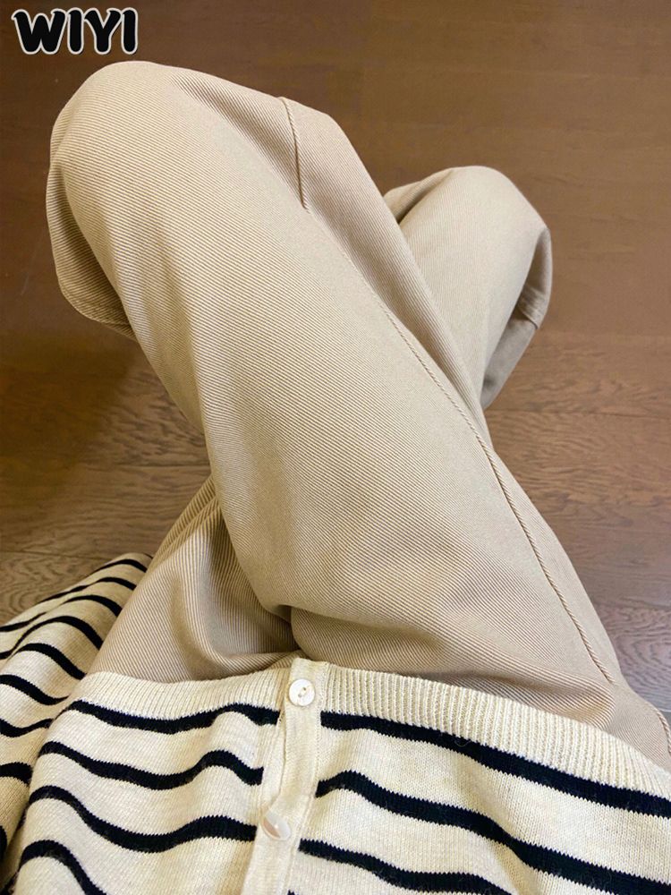 WIYI 小眾做舊卡其色牛仔褲女春夏新款顯瘦高腰寬鬆闊腿拖地褲子
