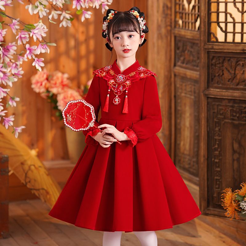 拜年服女童唐裝中國風漢服冬裝過年兒童旗袍新年裝兒童公主連衣裙