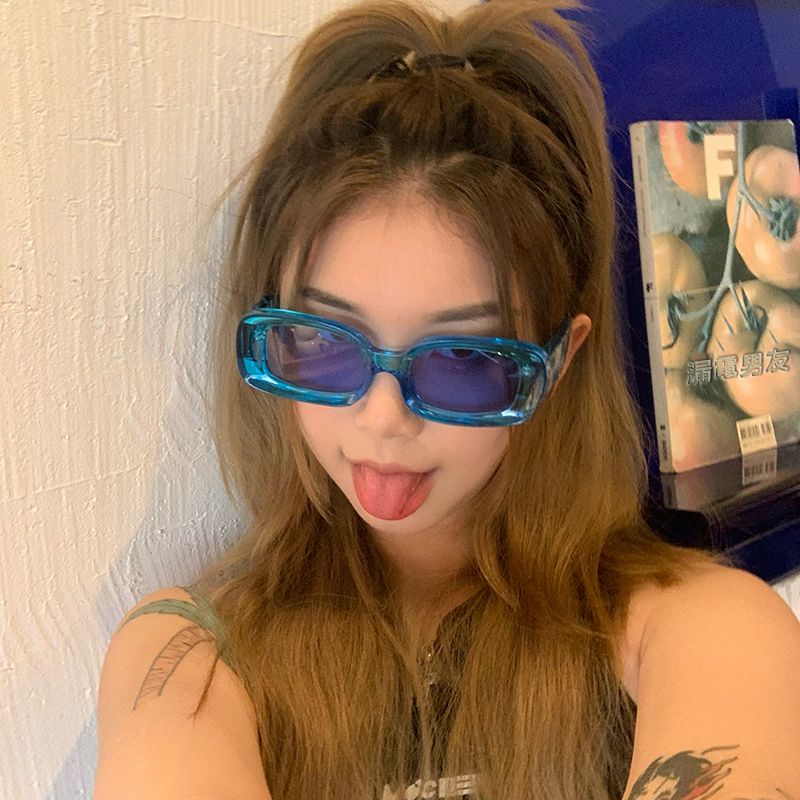 Red Jelly Sunglasses, Bouncing Blue-green Frame, Transparent Thick Frame, Square Face Glasses_voghion.com