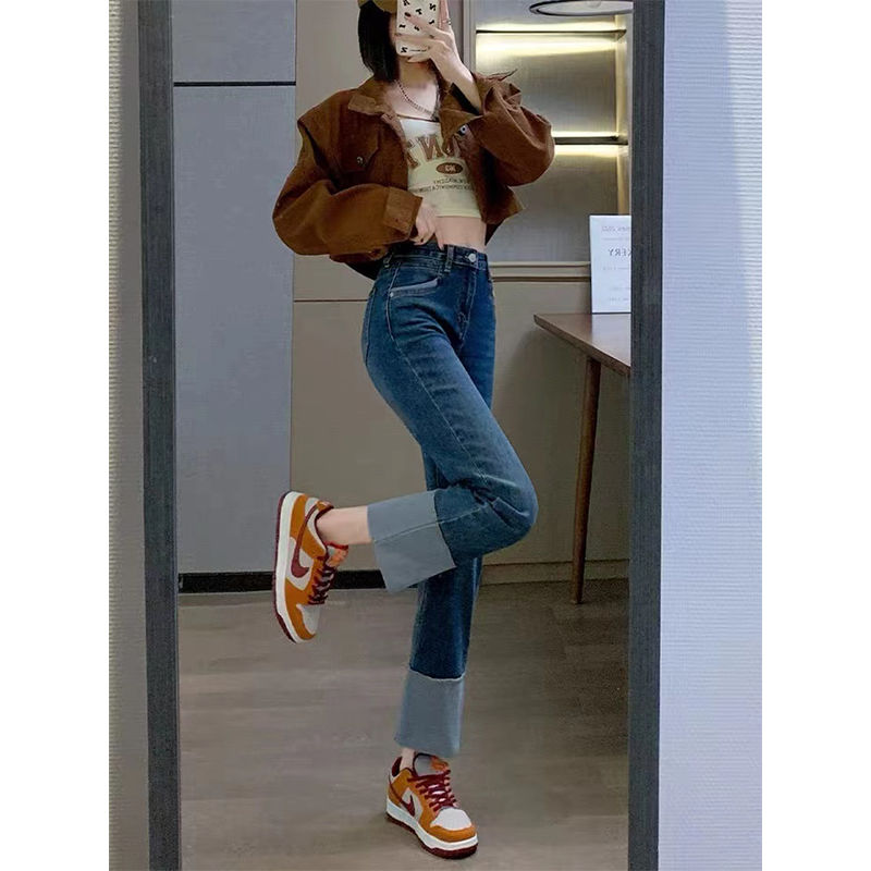 YSYOURS卷邊煙管牛仔褲女春秋季高腰顯瘦寬鬆小個子九分直筒褲子