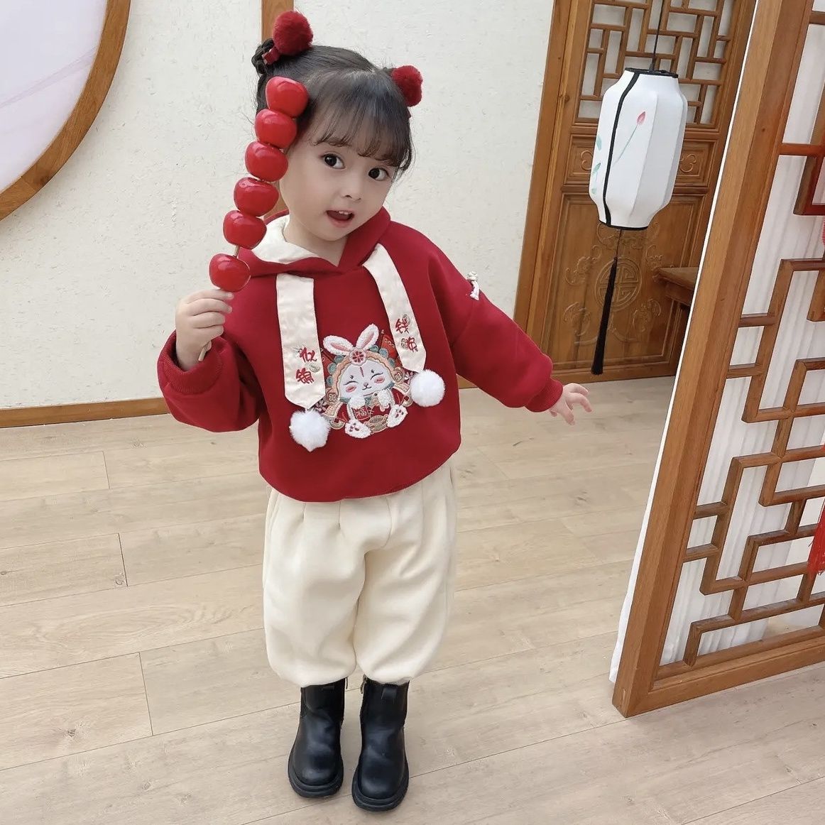 Children's  New Year's greetings girl's Hanfu winter style plus velvet thickened New Year's clothing girl baby little girl Tang suit winter
