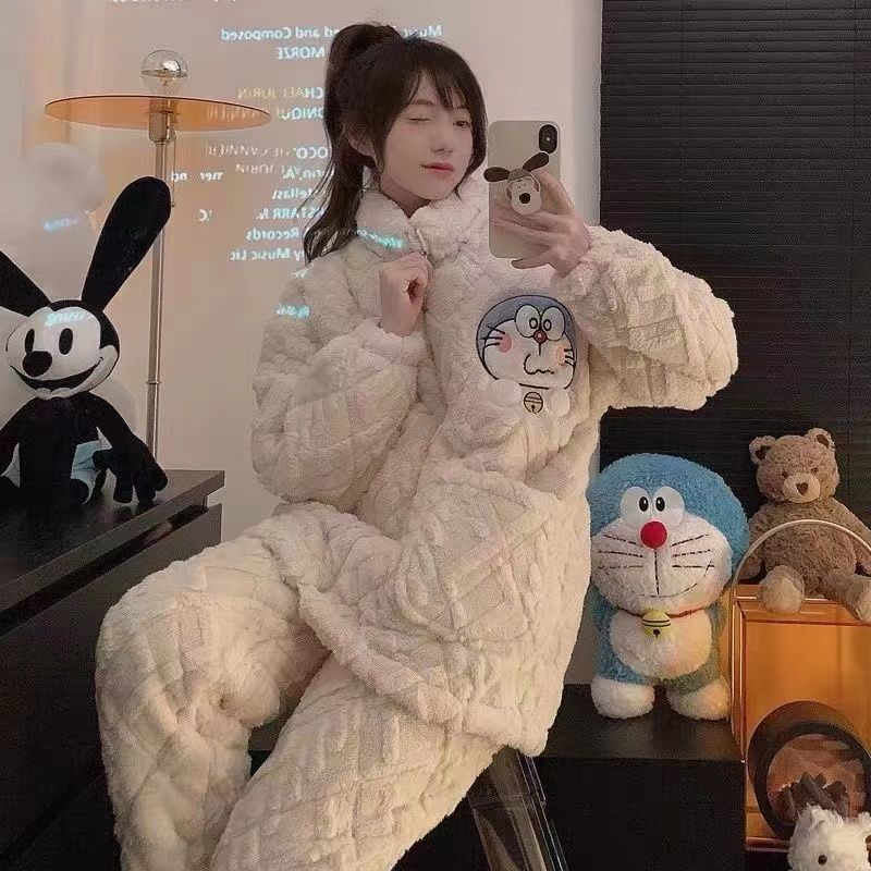珊瑚絨外穿睡衣女秋冬季網紅新款三層夾棉襖超厚特厚卡通哆啦a夢