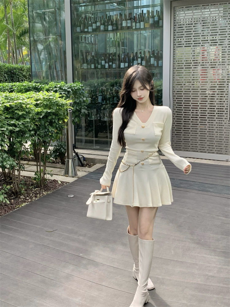 Royal sister style design long-sleeved pure desire knitted dress  autumn and winter slimming versatile button sexy skirt for women