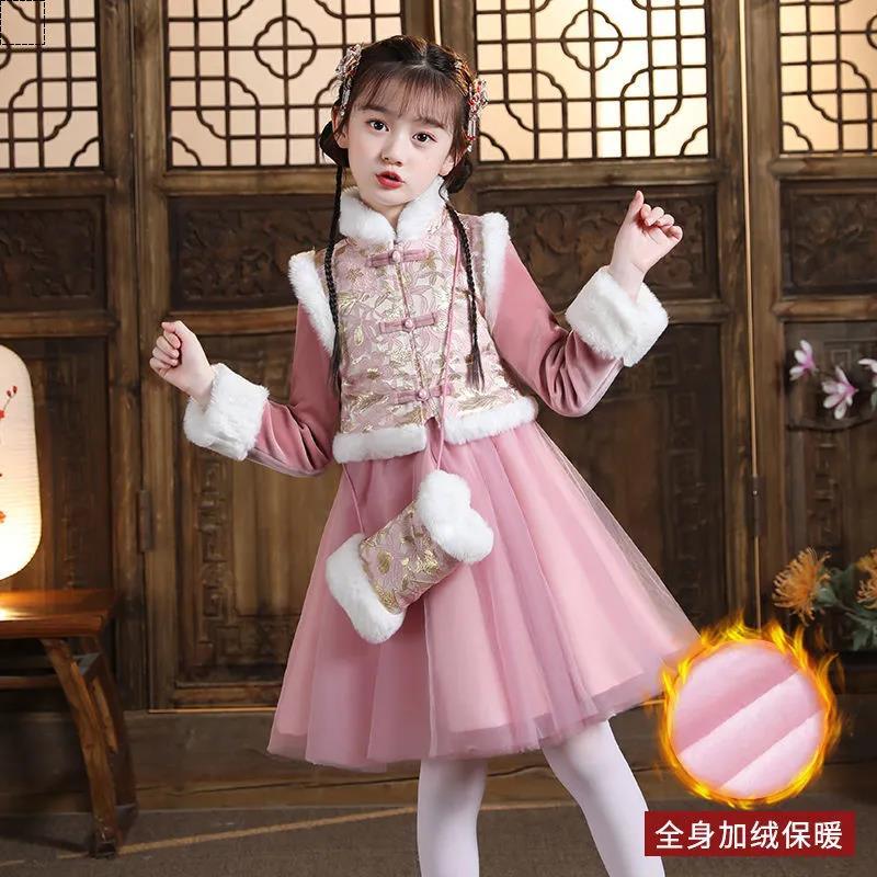 女童漢服冬款兒童冬季中國風唐裝喜慶過年衣服女孩拜年服裙子冬季