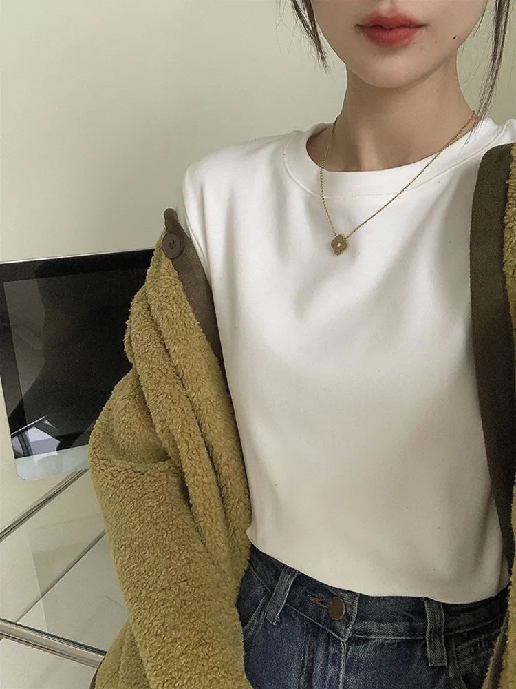 LHH~加厚德絨打底衫女秋冬雙面磨毛保暖圓領百搭長袖t恤上衣服