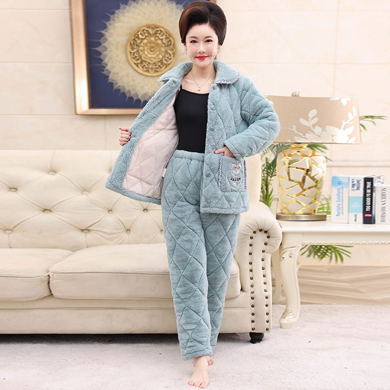 Song Qianya's mother's pajamas women's autumn and winter coral velvet clip cotton jacket plus velvet thickened three-layer warm home service suit