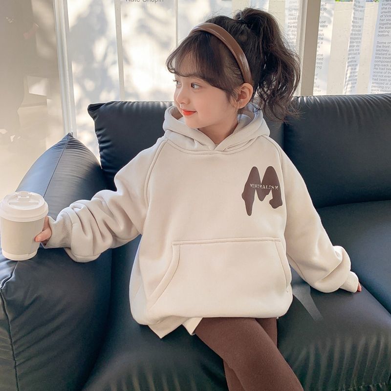 2022 new girl's fleece sweater autumn and winter children's baby foreign style all-match loose outerwear thickened hooded top