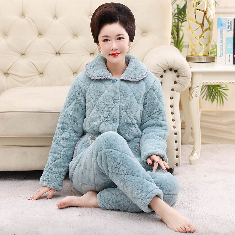 Song Qianya's mother's pajamas women's autumn and winter coral velvet clip cotton jacket plus velvet thickened three-layer warm home service suit