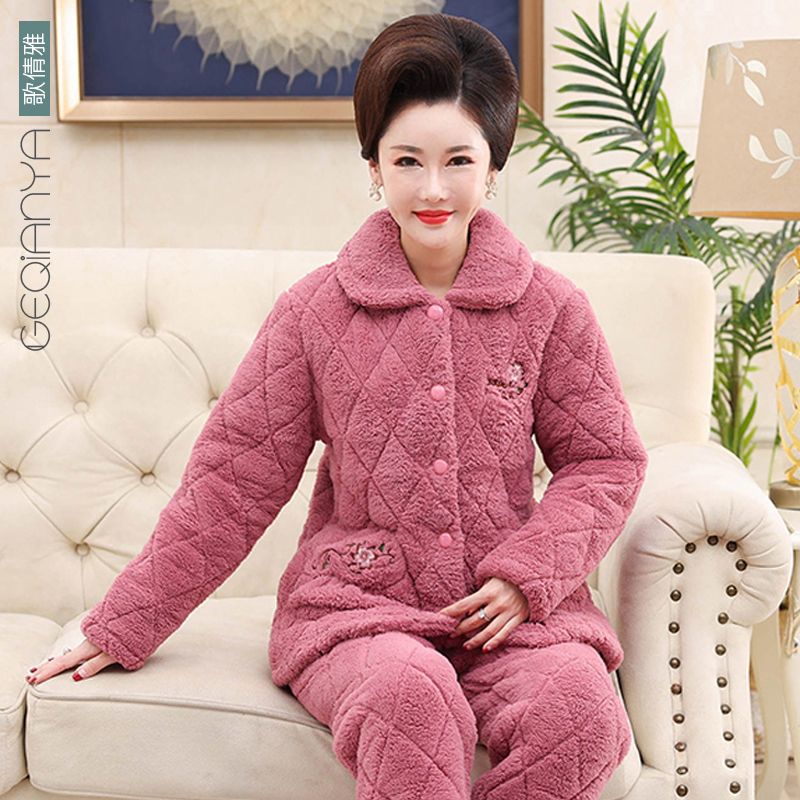 Geqianya mother's pajamas women's winter coral fleece quilted thickened three-layer cotton middle-aged home service suit winter