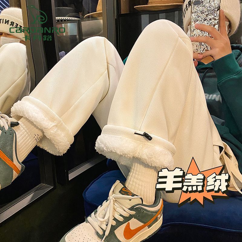 卡丹路羊羔絨加厚衛褲男冬季加絨保暖oversize褲子寬鬆闊腿長褲潮