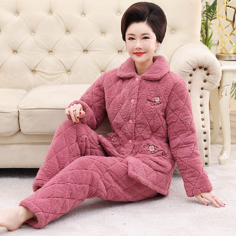 Geqianya mother's pajamas women's winter coral fleece quilted thickened three-layer cotton middle-aged home service suit winter