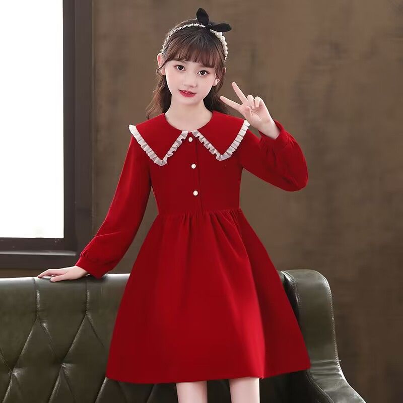 女童春裝連衣裙新款冬季洋氣女孩紅色公主裙兒童春秋長袖裙子