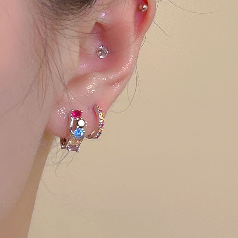 奢华小众设计精致彩色锆石美式耳钉网红彩钻耳扣独特撞色环形耳环