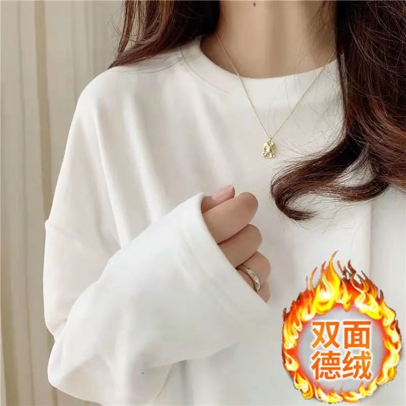 Warm and thickened double-sided German velvet round neck white bottoming shirt for women with velvet autumn and winter brushed inner layering loose mid-length T-shirt