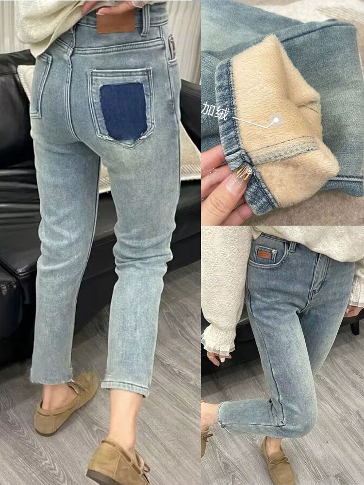 大碼寬鬆加絨牛仔褲女冬梨形身材胖妹妹mm高腰顯瘦加厚直筒煙管褲