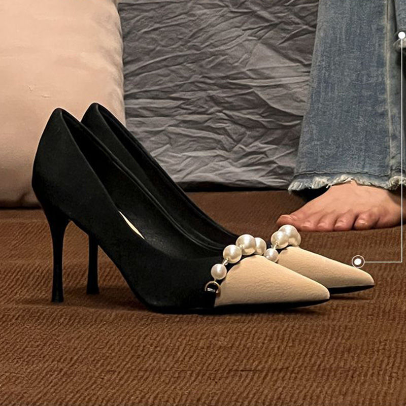 法式高跟鞋女2023年新款设计感小众气质名媛拼色尖头细跟珍珠单鞋